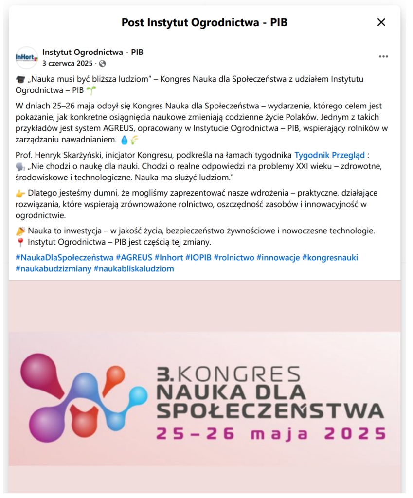 Instytut Ogrodnictwa - PIB - zdjęcie postu na Facebooku